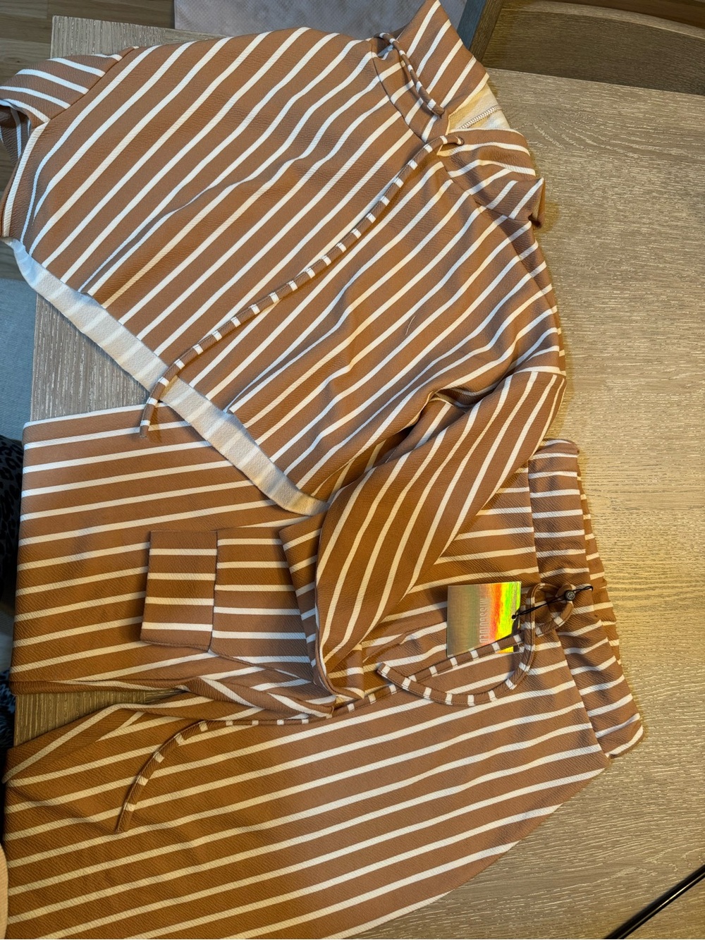 Missguided Cropped Striped Hoodie and Pants Set in Tan & White